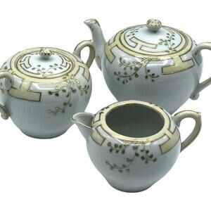 Nippon Teapot Creamer Sugar Set TE-OH Floral Rim Gold Filigree Trim 1921 Japan
